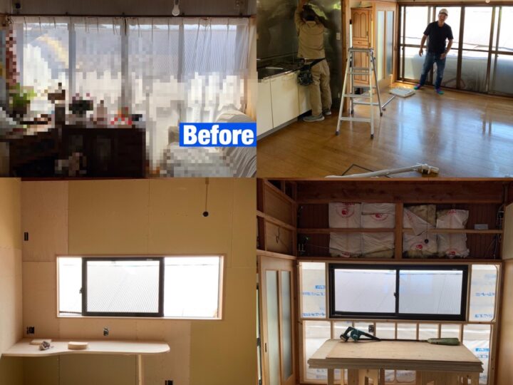 床暖房設置・床暖房対応のフローリング増張り、カウンター造作、掃き出し窓から腰壁造作、窓サッシ取付工事